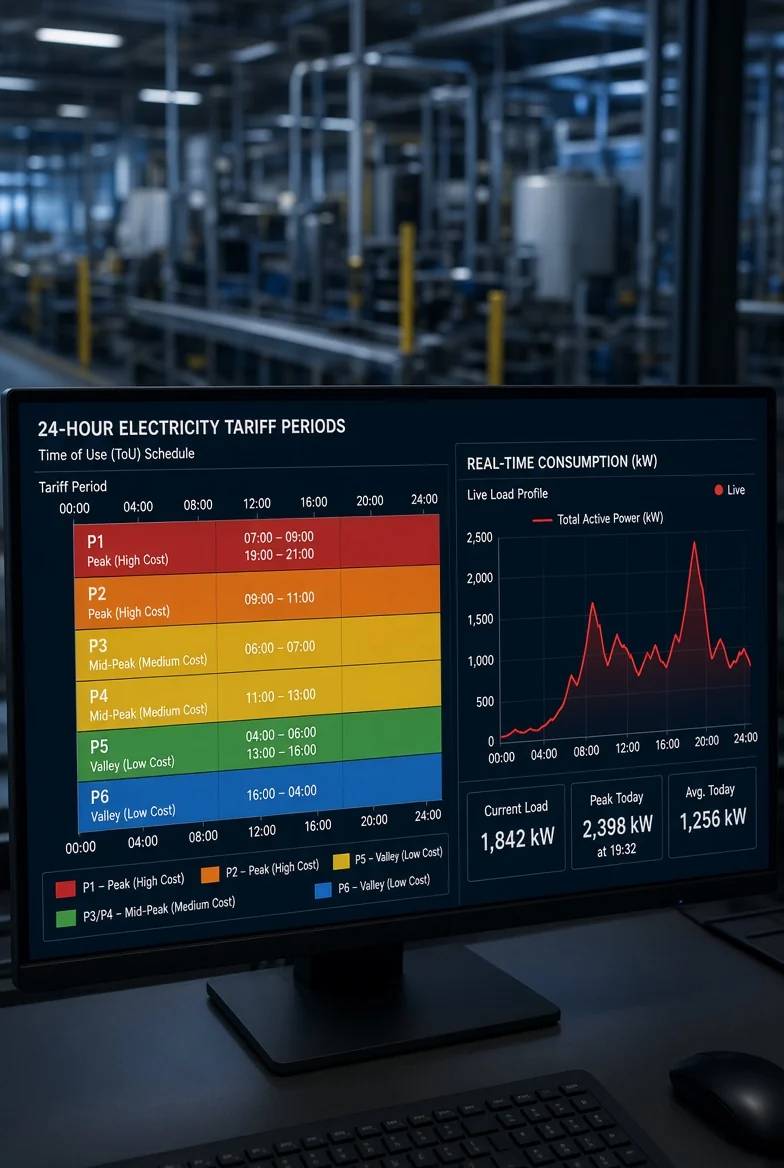 Visualización industrial de periodos tarifarios y consumo